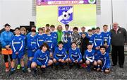 24 February 2019; The Cavan/ Monaghan team are presented with the cup by Francis Adgey, Subway, along with Liam Miller's mother Bridie and daughter Bella, aged 9, following the SFAI SUBWAY Liam Miller Cup Championship Final match between Mayo and Cavan/ Monaghan at Mullingar Athletic FC in Gainestown, Mullingar, Co. Westmeath. Photo by Sam Barnes/Sportsfile
