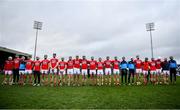 24 February 2019; Cork players stand for the national anthem prior to the Allianz Hurling League Division 1A Round 4 match between Limerick and Cork at the Gaelic Grounds in Limerick. Photo by David Fitzgerald/Sportsfile