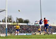 24 February 2019; Martin Reilly of Cavan out-jumps Darren O’Malley and Conor Hussey of Roscommon to score his side's third goal of the game during the Allianz Football League Division 1 Round 4 match between Cavan and Roscommon at the Kingspan Breffni Park in Cavan. Photo by Seb Daly/Sportsfile