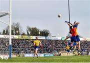 24 February 2019; Martin Reilly of Cavan out-jumps Darren O’Malley and Conor Hussey of Roscommon to score his side's third goal of the game during the Allianz Football League Division 1 Round 4 match between Cavan and Roscommon at the Kingspan Breffni Park in Cavan. Photo by Seb Daly/Sportsfile