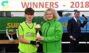 24 February 2019; Kevin Zefi of DDSL is presented with the player of the Match trophy by Francis Adgey, Marketing Manager, Subway, during the U15 SFAI SUBWAY Championship Final match between DDSL and Waterford SL at Mullingar Athletic FC in Gainestown, Mullingar, Co. Westmeath. Photo by Sam Barnes/Sportsfile
