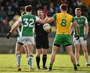 24 February 2019; Referee Padraig Hughes in conversation with Che Cullen of Fermanagh and Hugh McFadden of Donegal during the Allianz Football League Division 2 Round 4 match between Donegal and Fermanagh at O'Donnell Park in Letterkenny, Co Donegal. Photo by Oliver McVeigh/Sportsfile