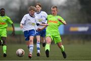 24 February 2019;  Cain Dunne of DDSL in action against Conor Fennel of Waterford SL during the U15 SFAI SUBWAY Championship Final match between DDSL and Waterford SL at Mullingar Athletic FC in Gainestown, Mullingar, Co. Westmeath. Photo by Sam Barnes/Sportsfile