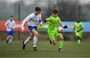 24 February 2019; Kevin Zefi of DDSL in action against Matas Grinius of Waterford SL during the U15 SFAI SUBWAY Championship Final match between DDSL and Waterford SL at Mullingar Athletic FC in Gainestown, Mullingar, Co. Westmeath. Photo by Sam Barnes/Sportsfile