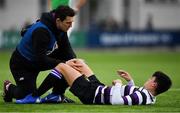 12 February 2019; Patsakorn Kidd of Terenure College gets medical attention during the Bank of Ireland Leinster Schools Senior Cup Round 2 match between Gonzaga College and Terenure College at Energia Park in Donnybrook, Dublin.  Photo by Brendan Moran/Sportsfile