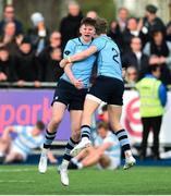 25 February 2019; Simon O'Kelly, left, and Rohan Van Den Akker of St Michael's College celebrate at the final whistle following the Bank of Ireland Leinster Schools Senior Cup Round 2 match between Blackrock College and St Michael’s College at Energia Park in Donnybrook, Dublin. Photo by David Fitzgerald/Sportsfile