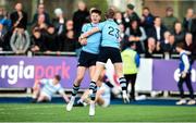 25 February 2019; Simon O'Kelly, left, and Rohan Van Den Akker of St Michael's College celebrate at the final whistle following the Bank of Ireland Leinster Schools Senior Cup Round 2 match between Blackrock College and St Michael’s College at Energia Park in Donnybrook, Dublin. Photo by David Fitzgerald/Sportsfile