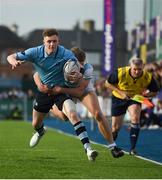 25 February 2019; Mark O'Brien of St Michael's College is tackled by Niall Comerford of Blackrock College during the Bank of Ireland Leinster Schools Senior Cup Round 2 match between Blackrock College and St Michael’s College at Energia Park in Donnybrook, Dublin. Photo by David Fitzgerald/Sportsfile