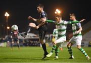 25 February 2019; Dinny Corcoran of Bohemians controls the ball ahead of Trevor Clarke, centre, and Greg Bolger of Shamrock Rovers during the SSE Airtricity League Premier Division match between Bohemians and Shamrock Rovers at Dalymount Park in Dublin. Photo by Ben McShane/Sportsfile