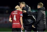 25 February 2019; Ciaron Harkin of Derry City is congratulated by Derry City manager Declan Devine and assistant manager Kevin Deery after scoring his side's first goal during the SSE Airtricity League Premier Division match between Derry City and Waterford at the Ryan McBride Brandwell Stadium in Derry. Photo by Oliver McVeigh/Sportsfile