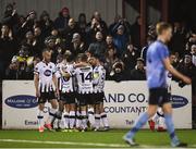 25 February 2019; Michael Duffy of Dundalk, hidden, celebrates with team-mates after scoring his side's second goal during the SSE Airtricity League Premier Division match between Dundalk and UCD at Oriel Park in Dundalk, Co Louth. Photo by Eóin Noonan/Sportsfile
