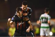 25 February 2019; Dinny Corcoran celebrates after scoring his side's first goal with his Bohemians team-mate Daniel Mandroiu, right, during the SSE Airtricity League Premier Division match between Bohemians and Shamrock Rovers at Dalymount Park in Dublin. Photo by Stephen McCarthy/Sportsfile