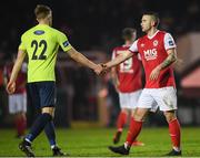 25 February 2019; Michael Drennan of St Patricks Athletic shakes hands qwith Sam Todd of Finn Harps following the SSE Airtricity League Premier Division match between St Patrick's Athletic and Finn Harps at Richmond Park in Dublin. Photo by Harry Murphy/Sportsfile