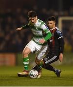 25 February 2019; Dylan Watts of Shamrock Rovers in action against Daniel Mandroiu of Bohemians during the SSE Airtricity League Premier Division match between Bohemians and Shamrock Rovers at Dalymount Park in Dublin. Photo by Ben McShane/Sportsfile