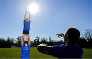 26 February 2019; Leinster Rugby players Adam Byrne, right, Caelan Doris and Max Deegan practice lineout skills with  Leinster Rugby School of Excellence participant Oisin Spain at the launch of the 2019 Bank of Ireland Leinster Rugby School of Excellence, avail of the early bird offer now and book your place at leinsterrugby.ie/camps. Photo by Ramsey Cardy/Sportsfile