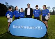 26 February 2019; At the launch of the 2019 Bank of Ireland Leinster Rugby School of Excellence are camp participants, from left, Daniel Forkin, Rachel Sutton, Juliette Moore, Oisin Spain and Eve McPhillimy with Rory Carty, Head of Youth Banking, Bank of Ireland. Avail of the early bird offer now and book your place at leinsterrugby.ie/camps. Photo by Ramsey Cardy/Sportsfile