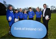 26 February 2019; At the launch of the 2019 Bank of Ireland Leinster Rugby School of Excellence are camp participants, from left, Daniel Forkin, Rachel Sutton, Juliette Moore, Oisin Spain and Eve McPhillimy with Stephen Maher, Community Rugby Officer, Leinster Rugby, left, and Rory Carty, Head of Youth Banking, Bank of Ireland. Avail of the early bird offer now and book your place at leinsterrugby.ie/camps. Photo by Ramsey Cardy/Sportsfile