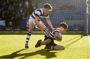 26 February 2019; Thomas Costello of Terenure College is tackled by Gus McCarthy of Blackrock College during the Bank of Ireland Leinster Schools Junior Cup Quarter-Final match between Blackrock College and Terenure College at Energia Park in Donnybrook, Dublin. Photo by Harry Murphy/Sportsfile