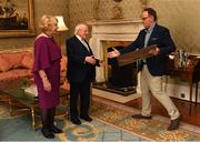 26 February 2019; The President of Ireland Michael D Higgins and his wife Sabina greet Pat Daly, GAA Director of Games Development and Research, who presented the UNESCO certificate for their recognition of hurling, during a reception for the 2018 All-Ireland Hurling Champions Limerick at Áras an Uachtaráin in Dublin. Photo by Ramsey Cardy/Sportsfile