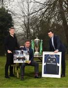 27 February 2019; The Leinster Rugby team that won a first ever Heineken Cup for the club in 2009 will be celebrated at a special gala dinner in the RDS Main Hall on the 28th May 2019. Proudly supported by Bank of Ireland, the exclusive gala dinner will celebrate the achievements of Head Coach Michael Cheika, Captain Leo Cullen, plus the rest of the coaching and playing team that took home a maiden European title. At Leinster Rugby HQ in UCD today to launch the gala dinner were former Leinster Rugby players Shane Jennings and Gordon D’Arcy as well as Leinster Rugby CEO Mick Dawson. Proceeds from ticket sales will go towards the Leinster Rugby Centres of Excellence project and a nominated charity of the 2009 team, CMRF Crumlin. Leinster Rugby is grateful to Bank of Ireland, the InterContinental Dublin, Communicorp and Diageo for their support of the gala dinner. To register your interest, email events@leinsterrugby.ie. Pictured is Leinster Rugby CEO Mick Dawson, centre, and former players Gordon D’Arcy, left, and Shane Jennings, right, at Leinster Rugby HQ in Belfield, Dublin. Photo by Seb Daly/Sportsfile