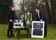 27 February 2019; The Leinster Rugby team that won a first ever Heineken Cup for the club in 2009 will be celebrated at a special gala dinner in the RDS Main Hall on the 28th May 2019. Proudly supported by Bank of Ireland, the exclusive gala dinner will celebrate the achievements of Head Coach Michael Cheika, Captain Leo Cullen, plus the rest of the coaching and playing team that took home a maiden European title. At Leinster Rugby HQ in UCD today to launch the gala dinner were former Leinster Rugby players Shane Jennings and Gordon D’Arcy as well as Leinster Rugby CEO Mick Dawson. Proceeds from ticket sales will go towards the Leinster Rugby Centres of Excellence project and a nominated charity of the 2009 team, CMRF Crumlin. Leinster Rugby is grateful to Bank of Ireland, the InterContinental Dublin, Communicorp and Diageo for their support of the gala dinner. To register your interest, email events@leinsterrugby.ie. Pictured is Leinster Rugby CEO Mick Dawson, centre, and former players Gordon D’Arcy, left, and Shane Jennings, right, at Leinster Rugby HQ in Belfield, Dublin. Photo by Seb Daly/Sportsfile