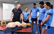 27 February 2019; Dublin players, from left, Róisín Baker, Chris Crummey, Cian O’Sullivan, and Niamh McEvoy with David Greville, MD of Heartsafety Solutions, at Parnell Park to launch AIG Dub Club Health. The Heart Safety Roadshow is the first programme in the initiative that will provide training around CPR, choking, defibrillator/AED usage, storage and maintenance. Go to www.aig.ie/health to find out more.  Photo by Brendan Moran/Sportsfile