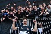 27 February 2019; Newbridge College winning try scorer Lucas Berti Newman celebrates with supporters after the Bank of Ireland Leinster Schools Junior Cup Quarter-Final match between Newbridge College and Clongowes Wood College at Energia Park in Donnybrook, Dublin. Photo by Matt Browne/Sportsfile