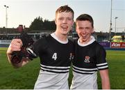 27 February 2019; Denis Downing, left, and Ruairi Byrne of Newbridge College celebrate after the Bank of Ireland Leinster Schools Junior Cup Quarter-Final match between Newbridge College and Clongowes Wood College at Energia Park in Donnybrook, Dublin. Photo by Matt Browne/Sportsfile