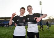 27 February 2019; David Grant, left, and Mark Young of Newbridge College celebrate after the Bank of Ireland Leinster Schools Junior Cup Quarter-Final match between Newbridge College and Clongowes Wood College at Energia Park in Donnybrook, Dublin. Photo by Matt Browne/Sportsfile