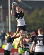 27 February 2019; Cael Chanders of Newbridge College wins possession in the lineout during the Bank of Ireland Leinster Schools Junior Cup Quarter-Final match between Newbridge College and Clongowes Wood College at Energia Park in Donnybrook, Dublin. Photo by Matt Browne/Sportsfile
