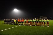 27 February 2019; Players and officials stand for Amhrán na bhFiann before the RUSTLERS Third Level CUFL Women's Premier Division Final match between Institute of Technology Carlow and Maynooth University at Athlone Town Stadium in Lissywollen, Westmeath. Photo by Piaras Ó Mídheach/Sportsfile