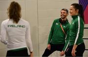 28 February 2019; Thomas Barr of Ireland in conversation with Sophie Becker and Phil Healy of Ireland during the previews of the European Indoor Athletics Championships at the Emirates Arena in Glasgow, Scotland.  Photo by Sam Barnes/Sportsfile