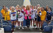 28 February 2019; In attendance at the 2019 Gourmet Food Parlour O’Connor Cup Captain's Day is Lorraine Heskin, MD of Gourmet Foot Parlour, centre, with players from the colleges taking part in the O'Connor Cup competitions at Croke Park in Dublin. Photo by Brendan Moran/Sportsfile
