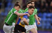 28 February 2019; Oscar Cawley of CBS Naas is tackled by David Colbert of Gonzaga College during the Bank of Ireland Leinster Schools Junior Cup Quarter-Final match between CBS Naas and Gonzaga College at Energia Park in Donnybrook, Dublin. Photo by Brendan Moran/Sportsfile