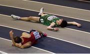 1 March 2019; Cillin Greene of Ireland, top, and Jan Tesar of Czech Republic after falling whilst  competing in the Men's 400m event during day one of the European Indoor Athletics Championships at Emirates Arena in Glasgow, Scotland. Photo by Sam Barnes/Sportsfile