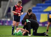28 February 2019; Toby Hammond of Gonzaga College is attended to by medical personnel during the Bank of Ireland Leinster Schools Junior Cup Quarter-Final match  between CBS Naas and Gonzaga College at Energia Park in Donnybrook, Dublin. Photo by Brendan Moran/Sportsfile