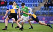 28 February 2019; James McCarthy of Gonzaga College is tackled by Jack McKevitt of CBS Naas during the Bank of Ireland Leinster Schools Junior Cup Quarter-Final match  between CBS Naas and Gonzaga College at Energia Park in Donnybrook, Dublin. Photo by Brendan Moran/Sportsfile