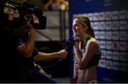 1 March 2019; Siofra Cleirigh Buttner of Ireland, is interviewed by David Gillick for RTE after competing in in the Women's 800m event during day one of the European Indoor Athletics Championships at Emirates Arena in Glasgow, Scotland. Photo by Sam Barnes/Sportsfile