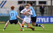 1 March 2019; Jack Murphy of Presentation College Bray in action against Tiernan Hurley, left, and Matthew Victory of St Michael's College during the Bank of Ireland Leinster Schools Junior Cup Quarter-Final match between St Michael’s College and Presentation College Bray at Energia Park in Donnybrook, Dublin. Photo by Piaras Ó Mídheach/Sportsfile