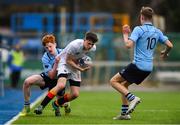 1 March 2019; Sean Quinn of Presentation College Bray is tackled by Tiernan Hurley of St Michael's College, as Killian McMahon, right, looks on during the Bank of Ireland Leinster Schools Junior Cup Quarter-Final match between St Michael’s College and Presentation College Bray at Energia Park in Donnybrook, Dublin. Photo by Piaras Ó Mídheach/Sportsfile