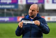1 March 2019; Emmet Farrell, Leinster kicking coach and head analyst, draws out the name of Newbridge College, who were drawn against Blackrock College, during the Bank of Ireland Leinster Junior Schools Semi-Final draw at Energia Park in Donnybrook, Dublin. Photo by Piaras Ó Mídheach/Sportsfile