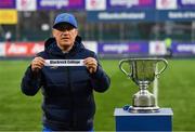 1 March 2019; Simon Broughton, Leinster elite player development officer, draws out the name of Blackrock College, who were drawn against Newbridge College, during the Bank of Ireland Leinster Junior Schools Semi-Final draw at Energia Park in Donnybrook, Dublin. Photo by Piaras Ó Mídheach/Sportsfile