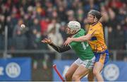 3 March 2019; Aaron Gillane of Limerick in action against Jack Browne of Clare without their hurleys during the Allianz Hurling League Division 1A Round 5 match between Clare and Limerick at Cusack Park in Ennis, Co. Clare. Photo by Diarmuid Greene/Sportsfile