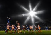 1 March 2019; (EDITORS NOTE: This image was created using a starburst filter) Max Deegan of Leinster wins possession in a lineout during the Guinness PRO14 Round 17 match between Leinster and Toyota Cheetahs at the RDS Arena in Dublin. Photo by Ramsey Cardy/Sportsfile