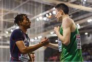 1 March 2019; Mark English, right, of Ireland and Aymeric Lusine of France after the Men's 800m event during day one of the European Indoor Athletics Championships at Emirates Arena in Glasgow, Scotland. Photo by Sam Barnes/Sportsfile