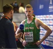 1 March 2019; Zak Curran of Ireland, is interviewed by David Gillick for RTE, following the Men's 800m event during day one of the European Indoor Athletics Championships at Emirates Arena in Glasgow, Scotland. Photo by Sam Barnes/Sportsfile