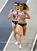 1 March 2019; Konstanze Klosterhalfen of Germany, right, and Laura Muir of Great Britain competing in the Women's 3000m event during day one of the European Indoor Athletics Championships at Emirates Arena in Glasgow, Scotland. Photo by Sam Barnes/Sportsfile