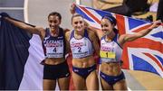 1 March 2019; Women's Pentathlon medallists, from left, Solene Ndama of France, bronze, Niamh Emerson of Great Britain, silver, and Katarina Johnson Thompson, gold, during day one of the European Indoor Athletics Championships at Emirates Arena in Glasgow, Scotland. Photo by Sam Barnes/Sportsfile