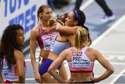 1 March 2019; Katarina Johnson Thompson and Niamh Emerson of Great Britain embrace after winning gold and silver medals in the Women's Pentathlon event during day one of the European Indoor Athletics Championships at Emirates Arena in Glasgow, Scotland. Photo by Sam Barnes/Sportsfile