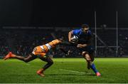 1 March 2019; Adam Byrne of Leinster is tackled by Rabz Maxwane of Toyota Cheetahs on his way to scoring his side's second try during the Guinness PRO14 Round 17 match between Leinster and Toyota Cheetahs at the RDS Arena in Dublin. Photo by Ramsey Cardy/Sportsfile